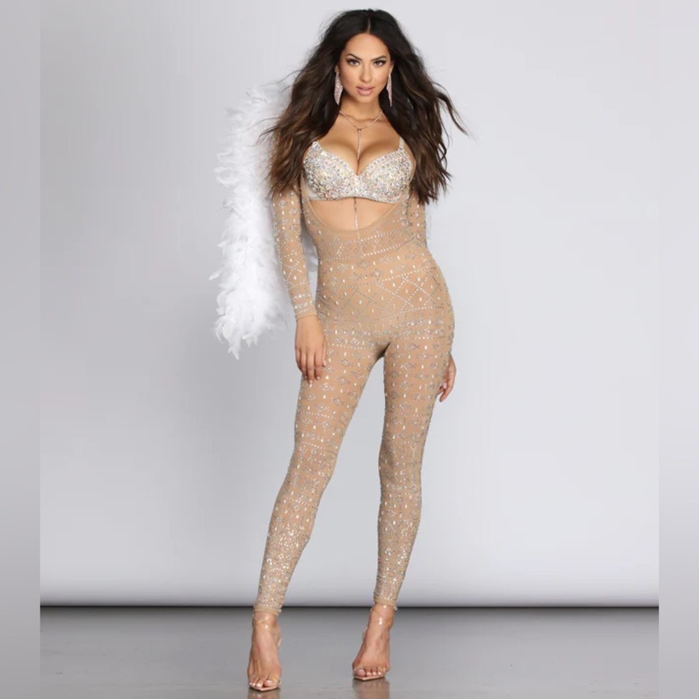 Windsor Nude sheer rhinestone jumpsuit Halloween NYE outfit Size Small